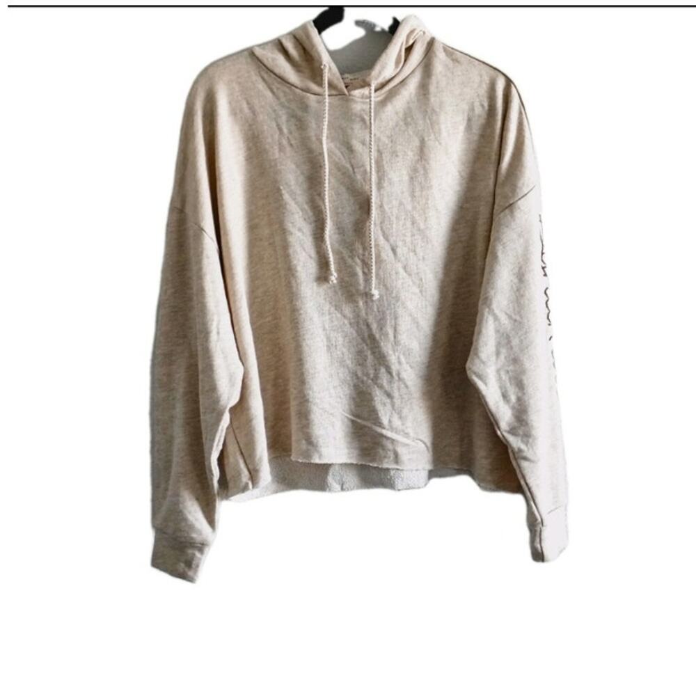 Free People Movement Medium Beige Crop Hoodie Sweatshirt Dynamite Embroidery NEW